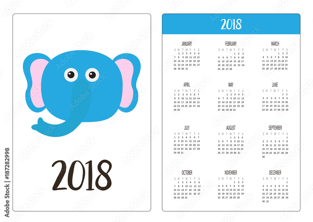 Pocket Calendar 18 Year Week Starts Sunday Funny Elephant Head Face Kawaii Animal Body Cute Cartoon Character Baby Card Flat Design Style Blue Background Stock Vector Adobe Stock
