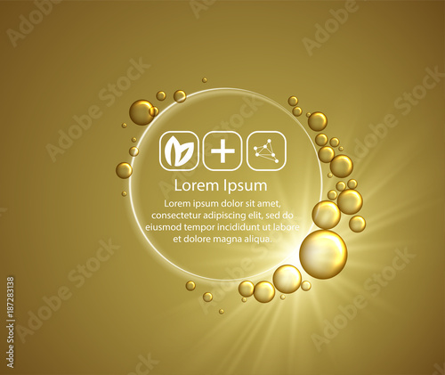 Beauty skin care design over golden backdrop. Vector illustration.Shining golden essence droplet.Bubbles oil Serum Skin Care Cosmetic.Collagen Sollution. Vector 3d illustration