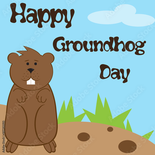Vector illustration for Groundhog Day with a picture of a marmot and an inscription of Happy Groundhog Day