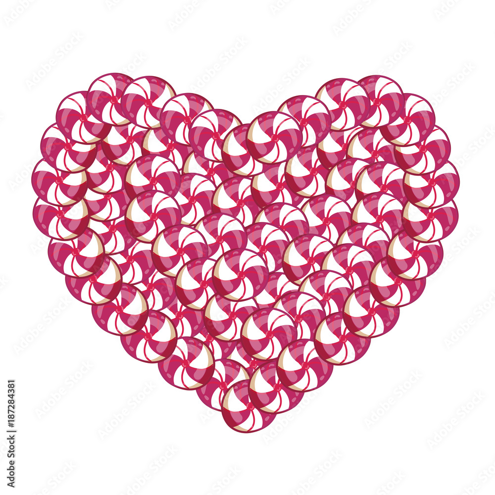 Candy heart made of pink and white lollipops and sweets isolated