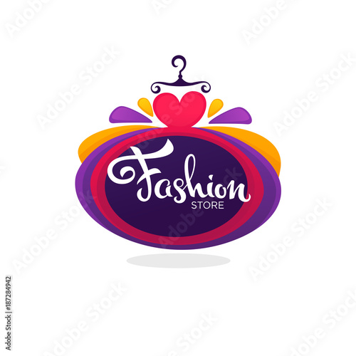 fashion boutique and store logo, label, emblem with bright balloon dress and lettering composition