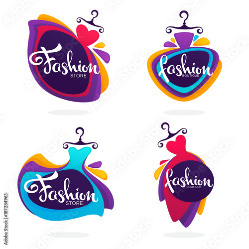 Naklejka wektor kolekcja logo butiku i sklepu z modą, etykieta, emblematy z jasnymi sukienkami balonowymi i kompozycją liter