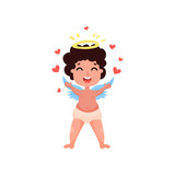 Sweet little brunette angel flying with red heart cartoon vector Illustration