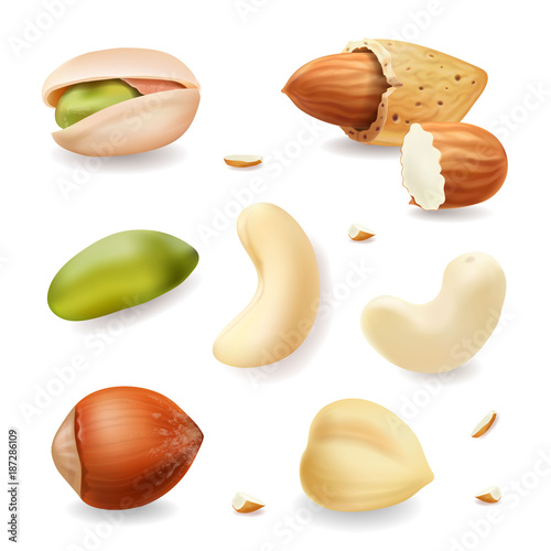 Nuts realistic vector set isolated on white background. hazelnut, pistachio, almond, cashew nuts