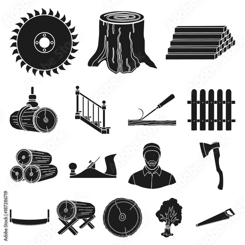 Sawmill and Timber black icons in set collection for design. Hardware and Tools vector symbol stock web illustration. photo