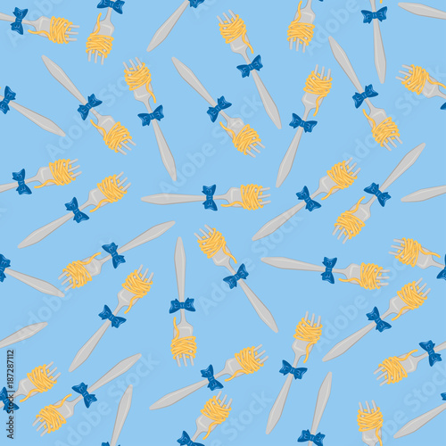 seamless pattern fork with spaghetti and lue bow