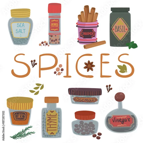 Naklejka na ścianę Różne przyprawy i zioła zestaw, cynamon, bazylia, curry, pieprz, sól, rozmaryn, tymianek i ocet kreskówka ilustracje wektorowe