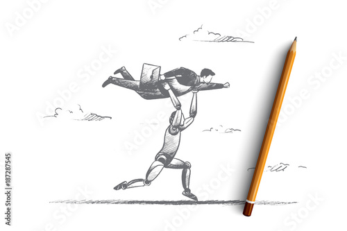 Business automation concept. Hand drawn running robot with businessman on hands. Machine technologies in business isolated vector illustration.
