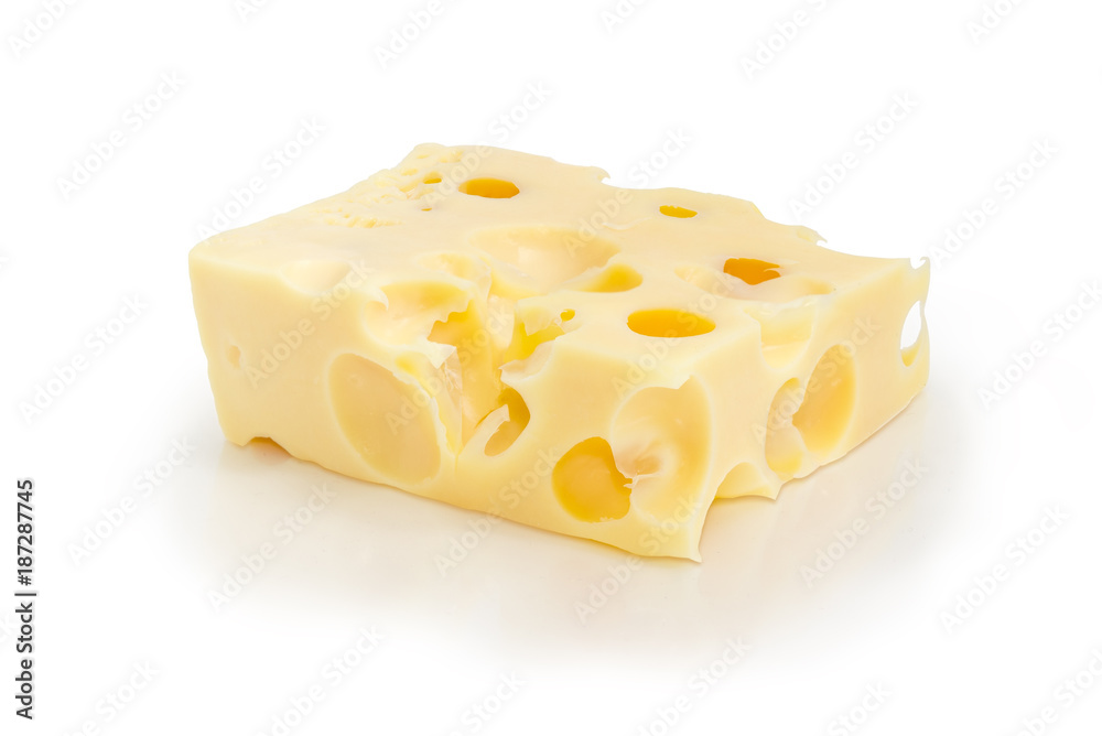 Piece of Swiss-type cheese on a white background