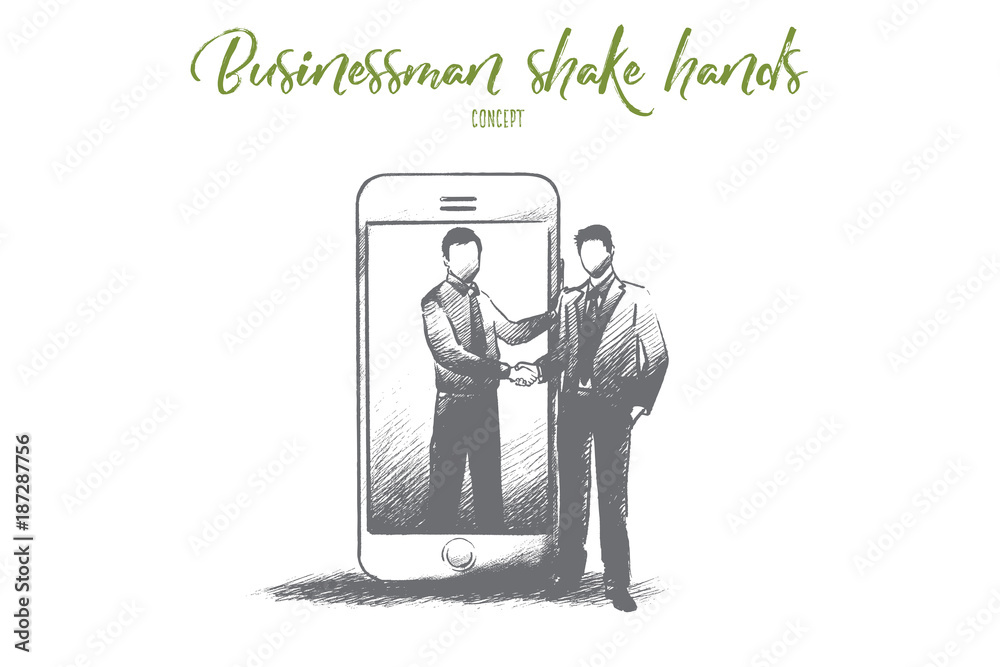 Businessman shaking hands concept. Hand drawn partners shaking hands. Men in formal dress greeting each other isolated vector illustration. Businessman shaking hands concept. Hand drawn partners shaking hands. Men in formal dress greeting each other isolated vector illustration.