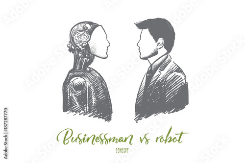 Businessman vs robot concept. Hand drawn modern technologies replace real persons. Robotics industry isolated vector illustration.