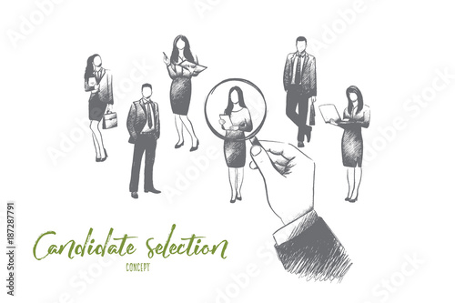 Candidate selection concept. Hand drawn huge hand pointing at one of candidates for job. Concept of recruiting isolated vector illustration.