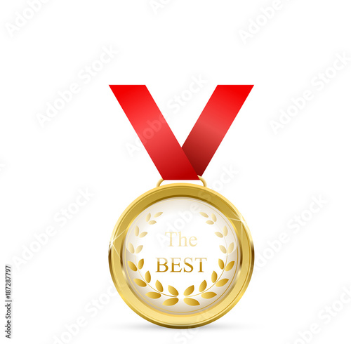 Realistic vector gold medal on red ribbon. Winner simbol. Vector illustration. first place illustration