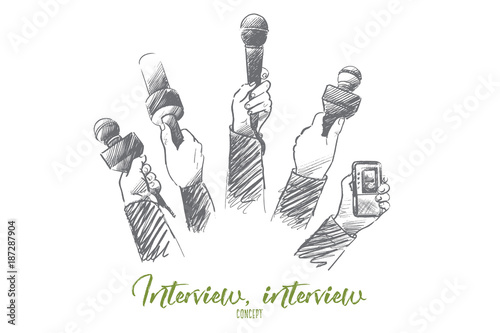 Interview concept. Hand drawn mother hands of reporters with a lot of microphones. Journalism and broadcasting concept isolated vector illustration.