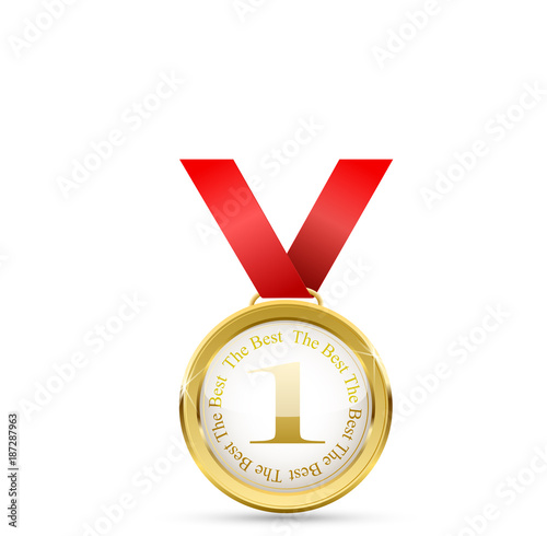 Realistic vector gold medal on red ribbon. Winner simbol. Vector illustration. first place illustration