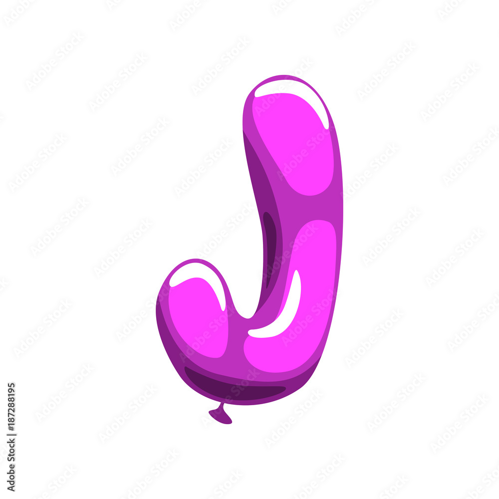 Obraz premium Flat violet letter J in shape of glossy balloon. Cartoon English alphabet font. ABC concept. Isolated vector design for baby shower, birthday postcard or poster