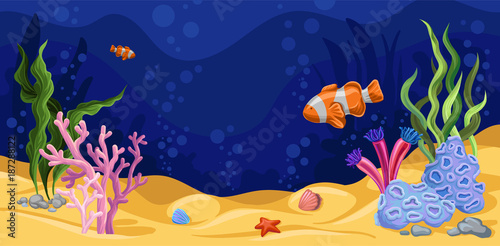 Beautiful underwater scene with seaweed, marine life vector illustration, design element for poster or banner