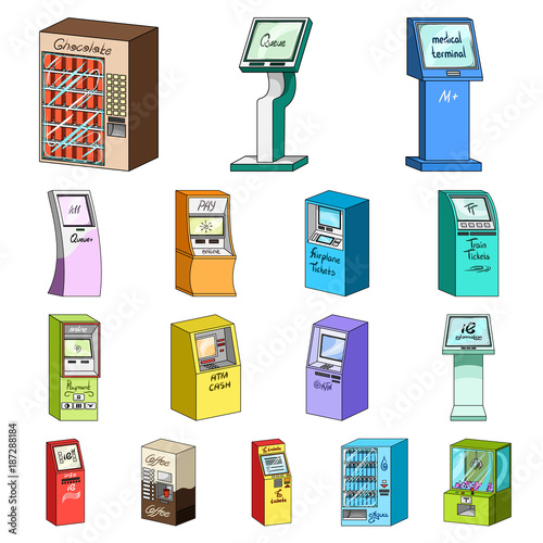 Variety of terminals cartoon icons in set collection for design. ATM and trading device vector symbol stock web illustration.