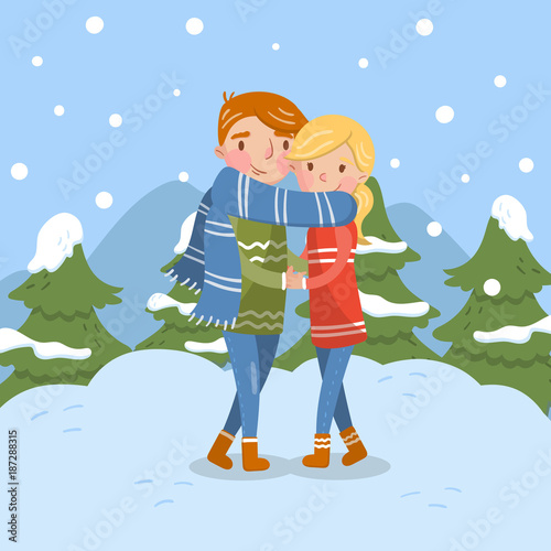 Happy couple in love, romantic man and woman characters in winter season vector illustration, design element for poster or banner