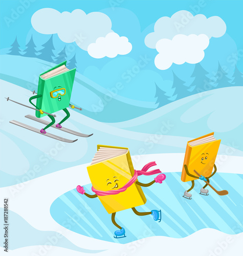 Humanized books characters with smiling faces skiing, skating and playing ice hockey in winter holidays vector illustration, design element for poster or banner