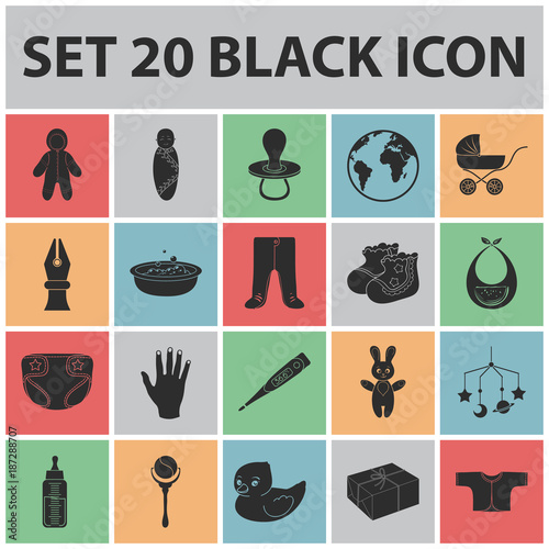 Birth of a baby black icons in set collection for design. Newborn and accessories vector symbol stock web illustration. photo