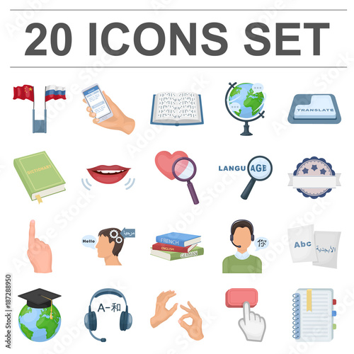 Translator and linguist cartoon icons in set collection for design. Interpreter vector symbol stock web illustration.
