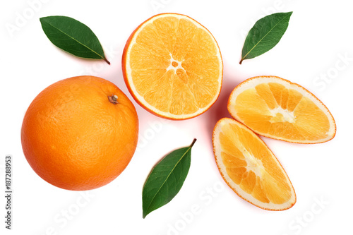 Orange with slice and leaf isolated on the white background. Flat lay pattern. Top view