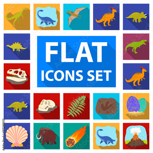 Different dinosaurs flat icons in set collection for design. Prehistoric animal vector symbol stock web illustration.