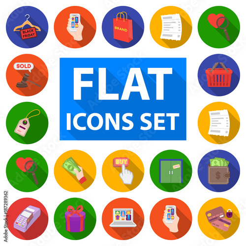 E-commerce, Purchase and sale flat icons in set collection for design. Trade and finance vector symbol stock web illustration.