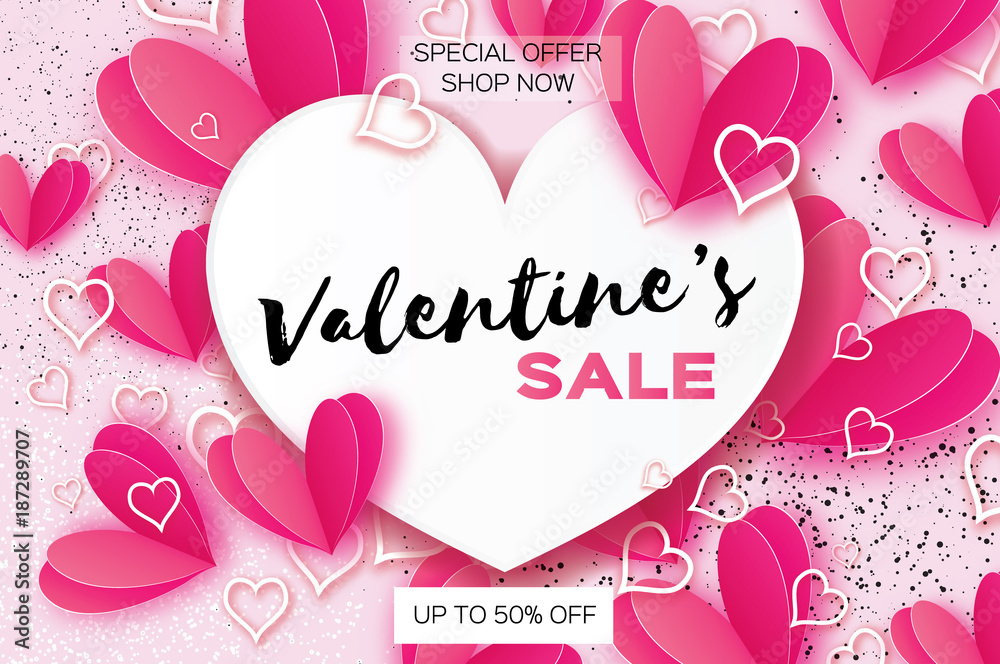 Valentine's day sale. banner template. Pink heart in paper cut style on white background.Heart frame. Text. Shop market poster design. Romantic Holidays. Love. 14 February.