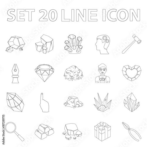 Precious Minerals outline icons in set collection for design. Jeweler and Equipment vector symbol stock web illustration.