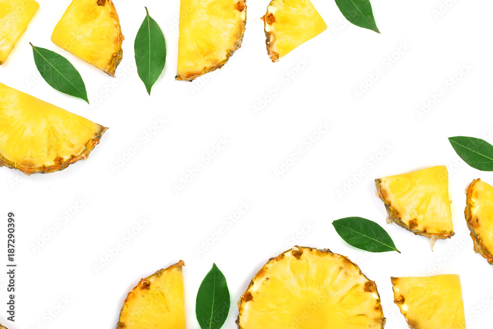 Naklejka premium Sliced pineapple isolated on white background with copy space for your text. Top view