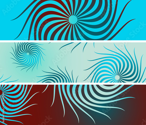 banners set with curly flowers pattern in blue shades