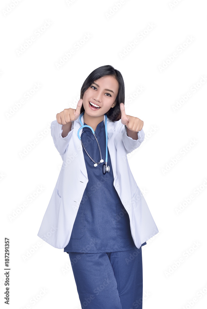 Portrait of asian medical doctor with stethoscope giving thumbs up gesture Portrait of asian medical doctor with stethoscope giving thumbs up gesture