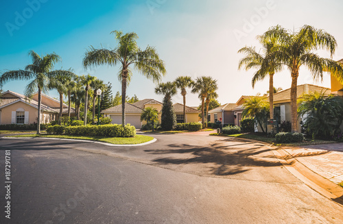 Typical gated community houses with palms, South Florida. Light effect applied photo