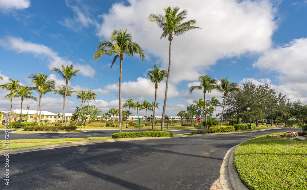 Gated community condominiums with palms by the road, South Florida