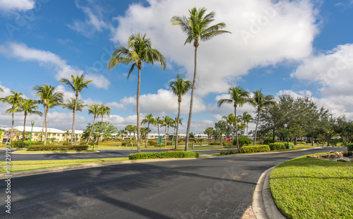 Gated community condominiums with palms by the road, South Florida