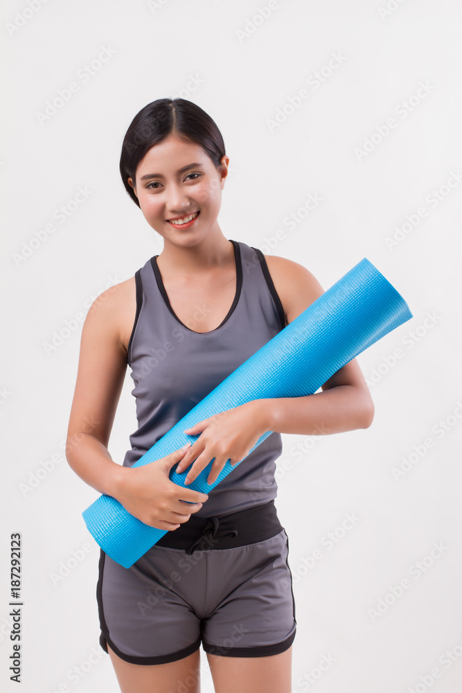 strong flexible fitness yoga woman with yoga mat strong flexible fitness yoga woman with yoga mat