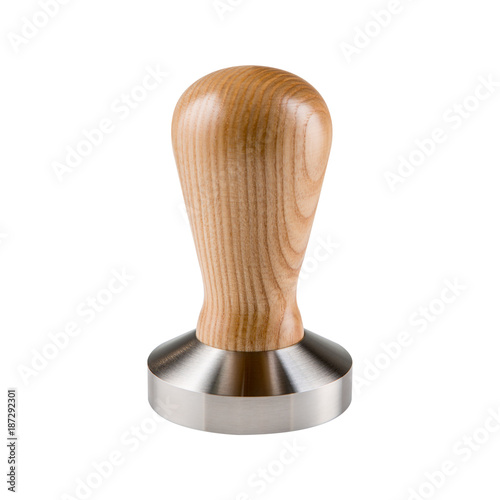 metal tamper with wooden handle on white background