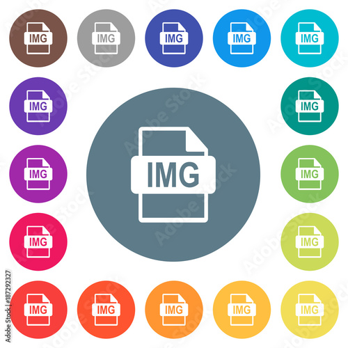 IMG file format flat white icons on round color backgrounds