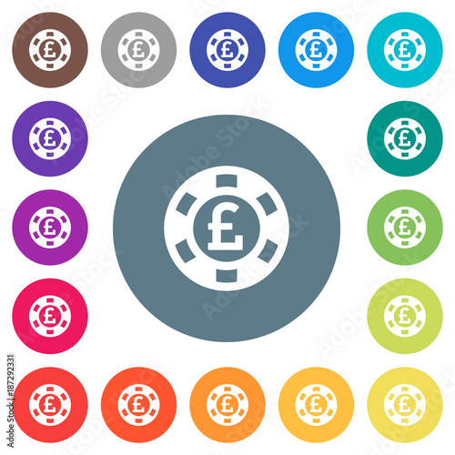 Pound casino chip flat white icons on round color backgrounds