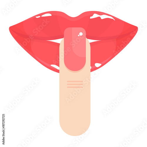 Silence gesture woman. Sensual lips and finger with a painted nail. Flat design vector illustration. Isolated on a white background.