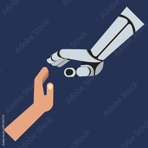 Touch hands of robot and human. Development of progressive innovative technologies, robotics. Flat vector cartoon illustration. Objects isolated on white background.