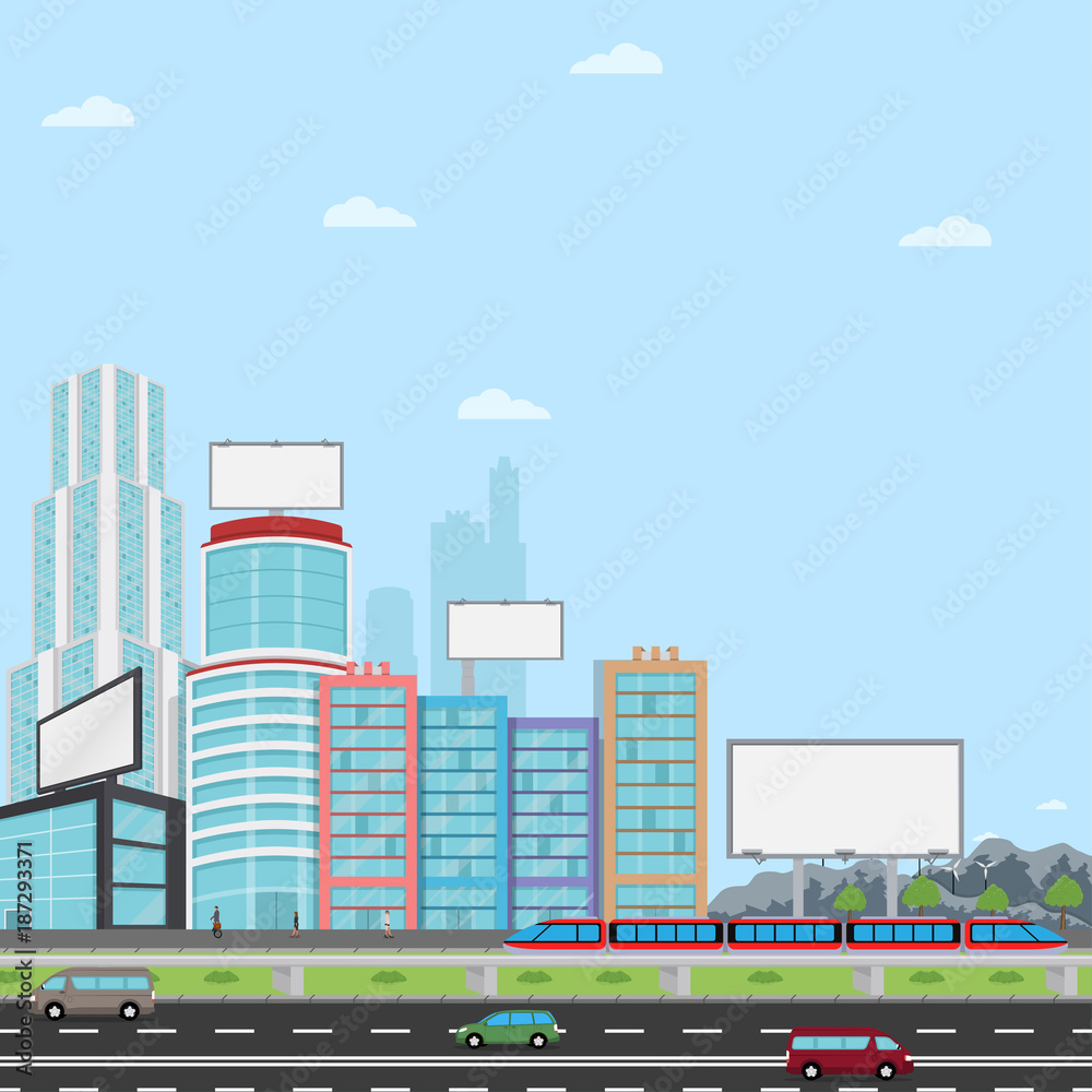 Obraz premium Many blank urban billboards with for your advertising standing over city street skyscrapers buildings.