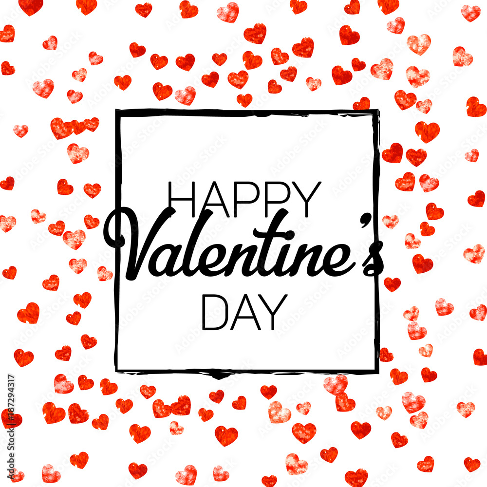 Valentines day card with red glitter hearts. February 14th. Vector confetti for valentines day card template. Grunge hand drawn texture. Love theme for special business offer, banner, flyer. Valentines day card with red glitter hearts. February 14th. Vector confetti for valentines day card template. Grunge hand drawn texture. Love theme for special business offer, banner, flyer.