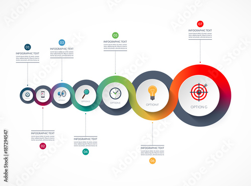 Timeline infographics. Business growth concept. Vector banner with 7 options. Can be used for flow chart, info graph, time line, diagram, step by step template, annual report, web design.