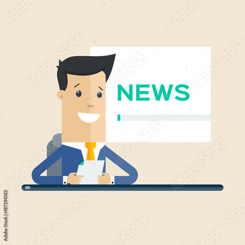 Television news announcer on background TV breaking news. Illustration, flat