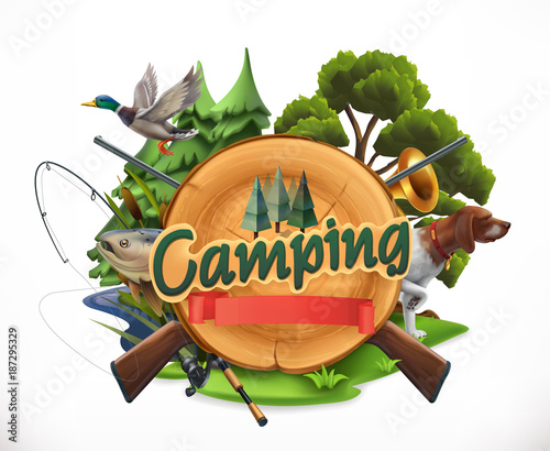 Hunting and fishing. 3d vector emblem