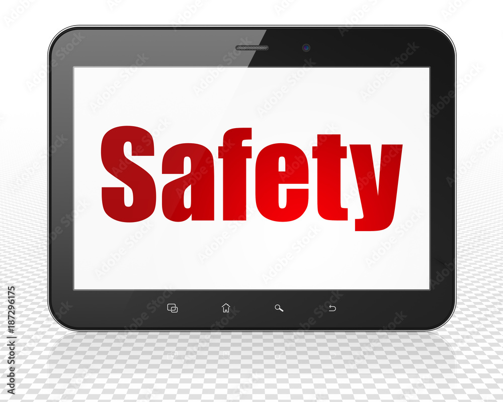 Security concept: Tablet Pc Computer with red text Safety on display, 3D rendering Security concept: Tablet Pc Computer with red text Safety on display, 3D rendering