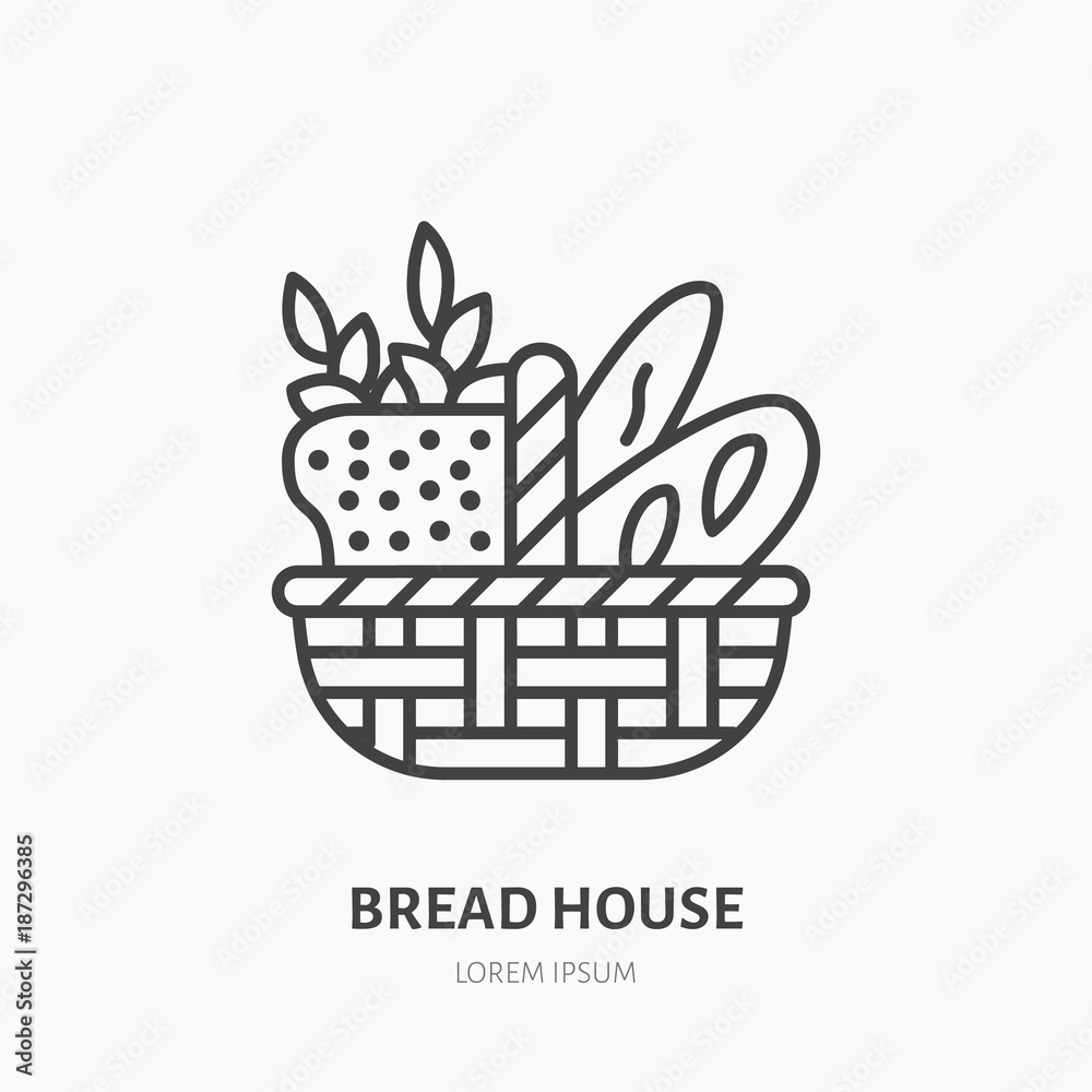 Bread basket with loaf, baguette and ears of wheat. Bakery logo, flat